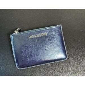Michael Kors Jet Set‎ Blue Metallic Leather Card Holder Zipper Pouch Key Ring